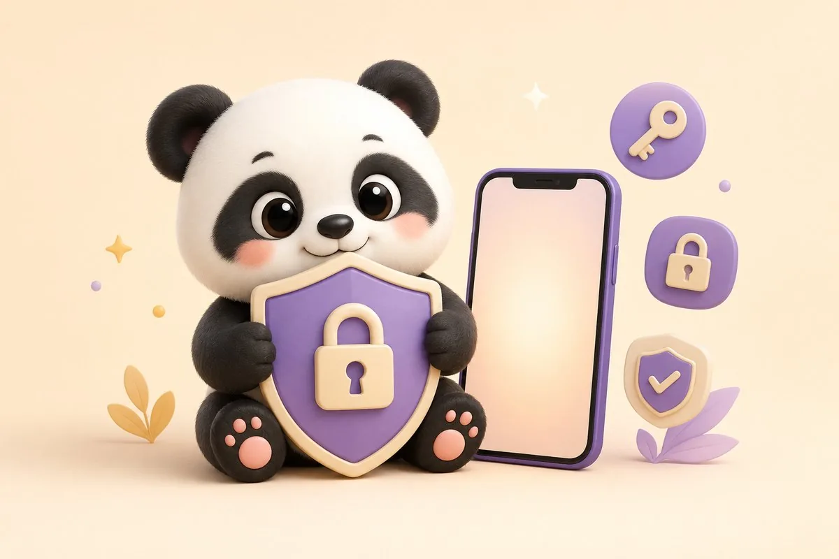 The Happy Break panda holding a shield marked with a padlock, beside a phone with a blank screen