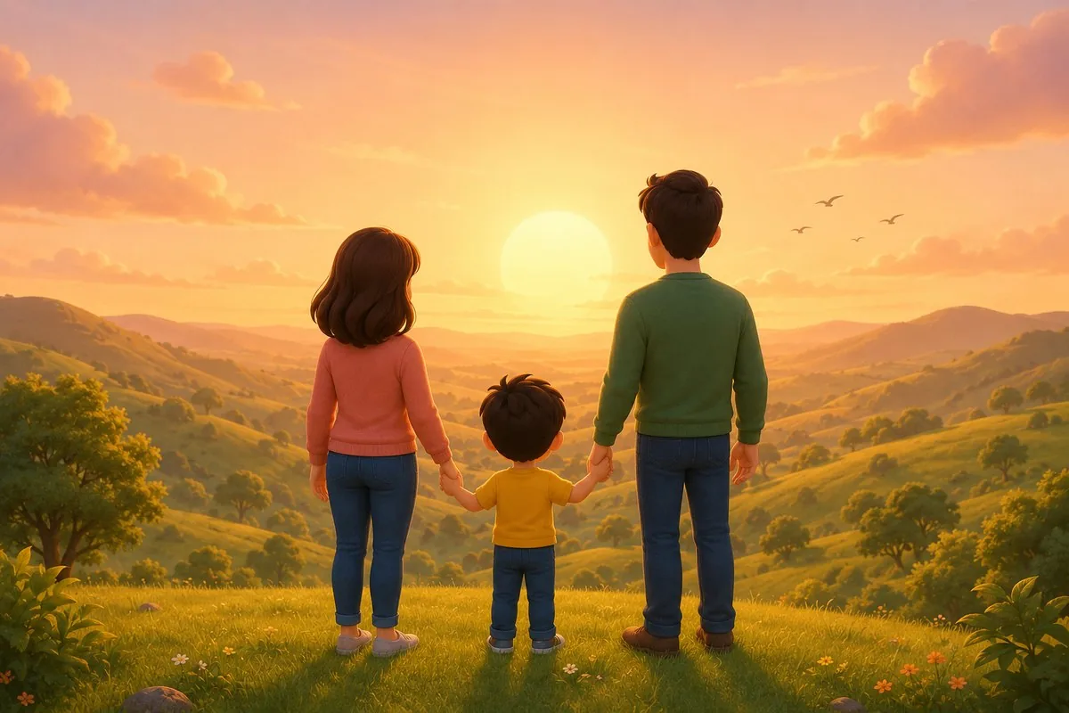 A mother, father and their young son seen from behind on a hilltop, holding hands and looking out over green hills towards a sunrise
