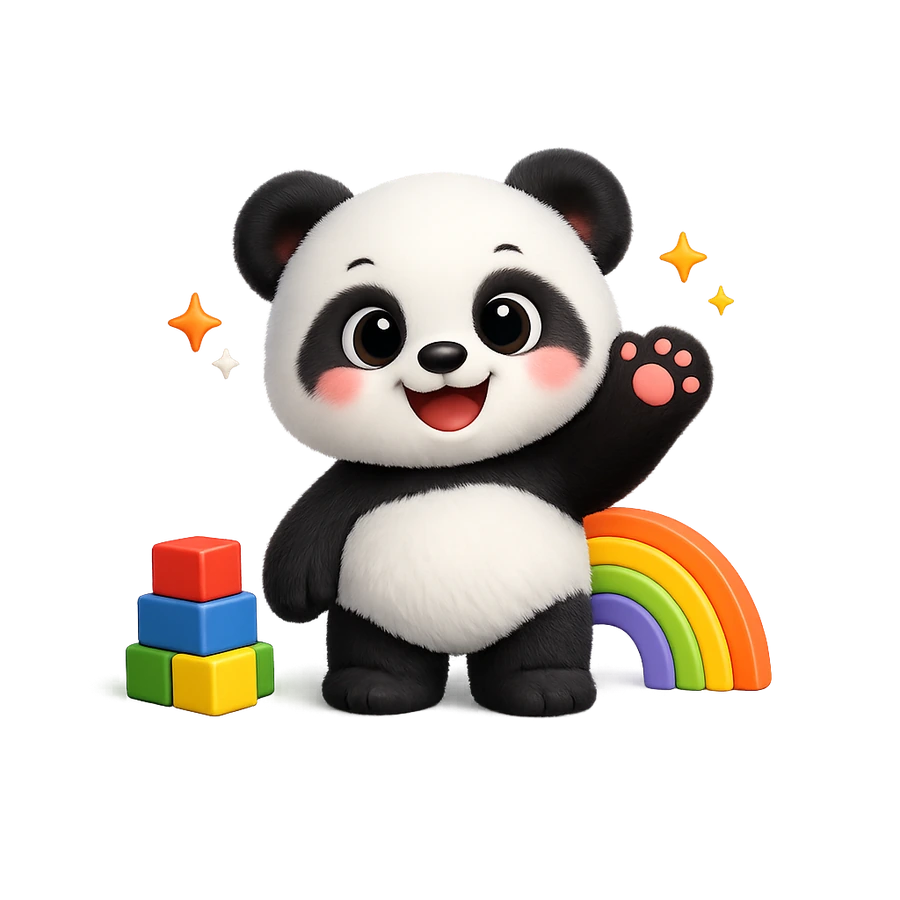 The Happy Break panda cub waving a paw, beside a stack of wooden play blocks and a rainbow