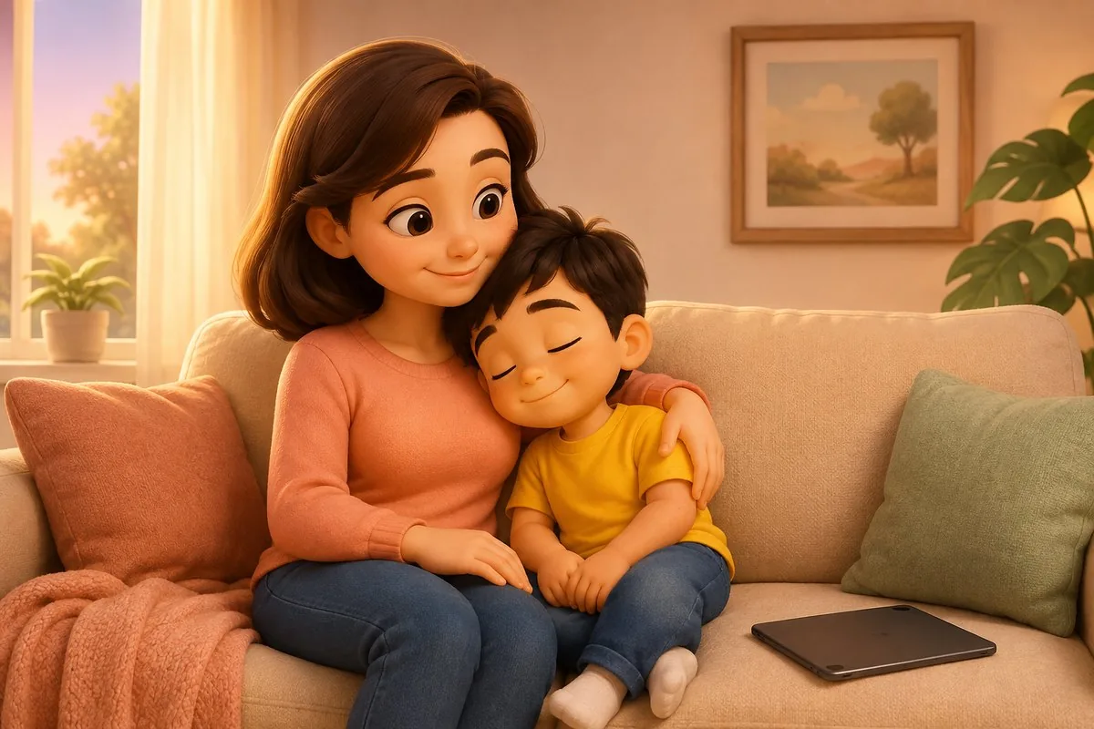 A mother on a sofa with her arm around her young son, who leans into her with his eyes closed, a tablet lying face-down beside them