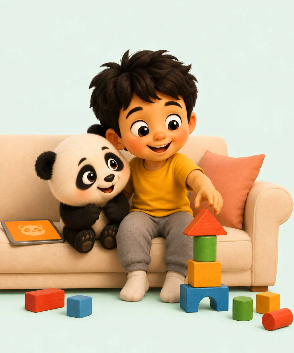 The same illustrated child, now smiling and building a tower of wooden blocks, with the Happy Break panda sitting beside them and the tablet set aside