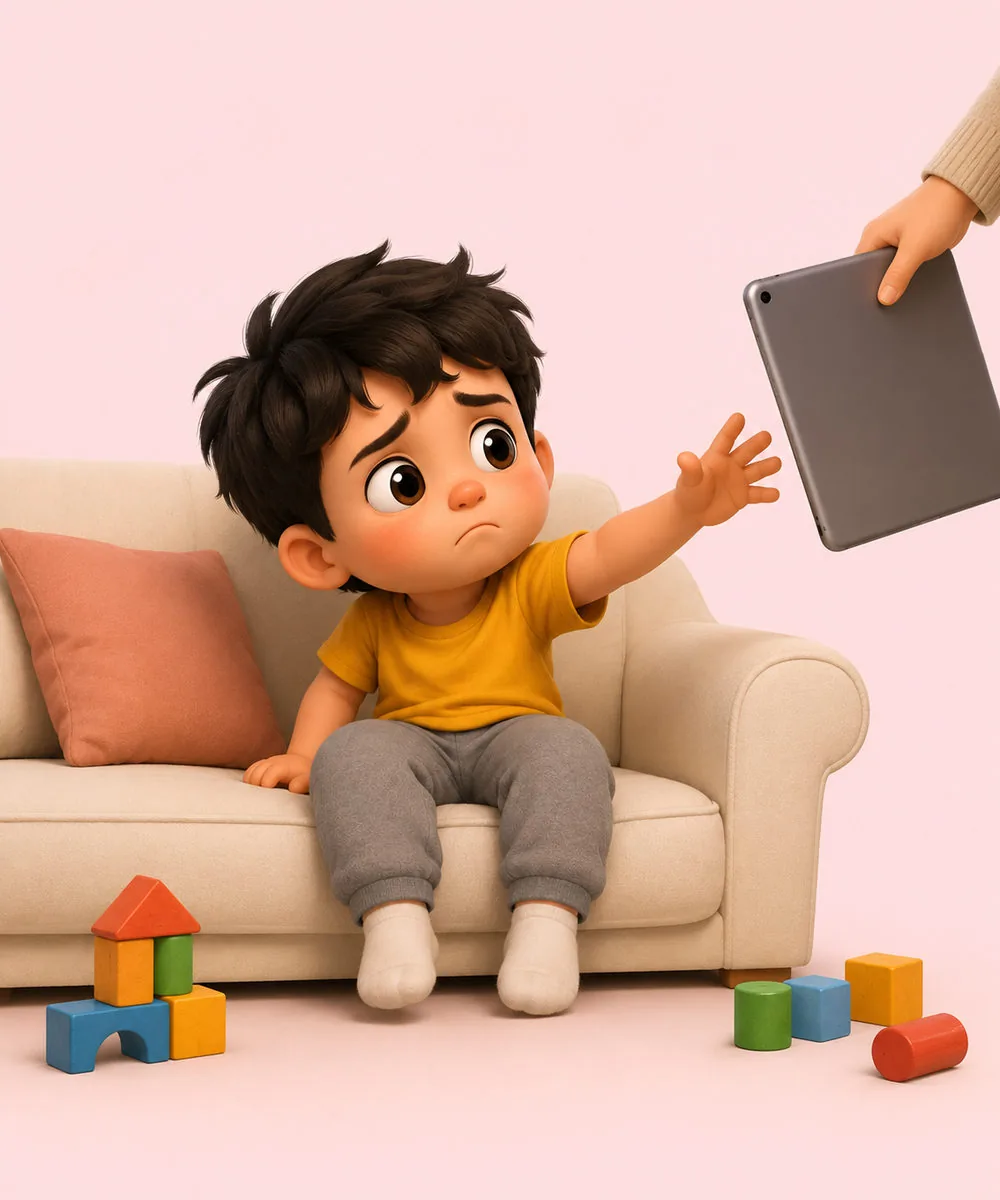 An illustrated young child sitting on a sofa, reaching after a tablet as an adult lifts it out of reach, looking downcast, with wooden blocks ignored on the floor