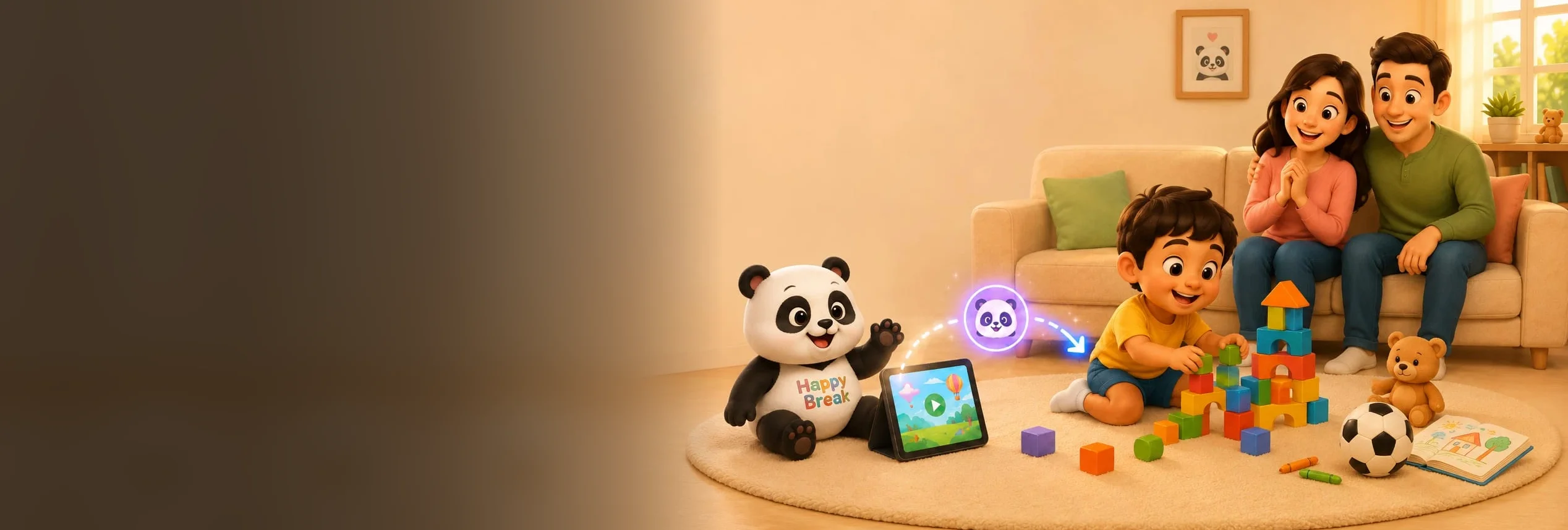 A smiling panda toy waves beside a tablet on a round rug while a young boy builds a tower of colourful blocks, his mother and father watching happily from the sofa in warm afternoon light