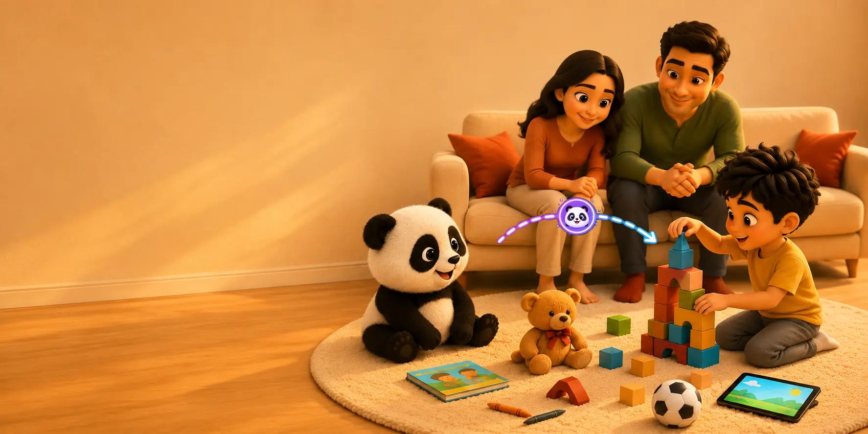 A young boy kneels on a round rug building a tower of wooden blocks, a large panda toy beside him and a tablet resting on the rug, while his mother and father watch together from the sofa in warm afternoon light
