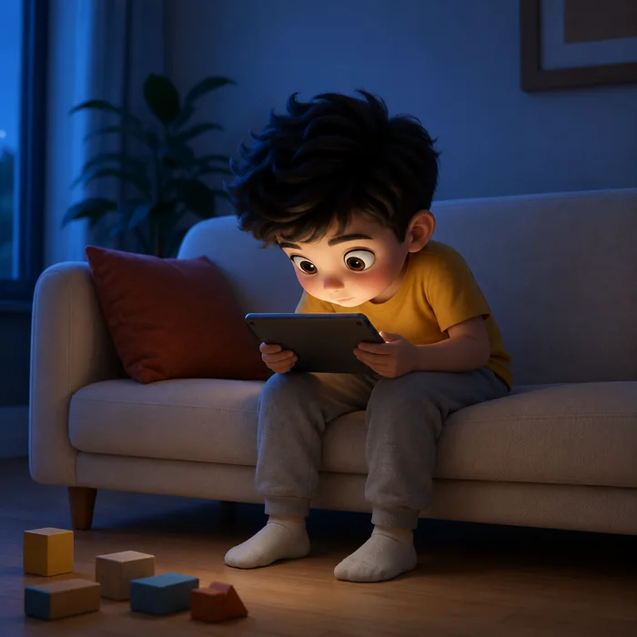 A child sits hunched over a glowing tablet in a dim living room, lit only by the screen
