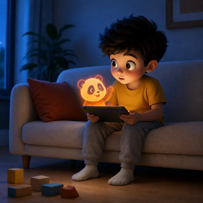 The Happy Break panda appears on the tablet as a warm glow, and the child looks up from the screen