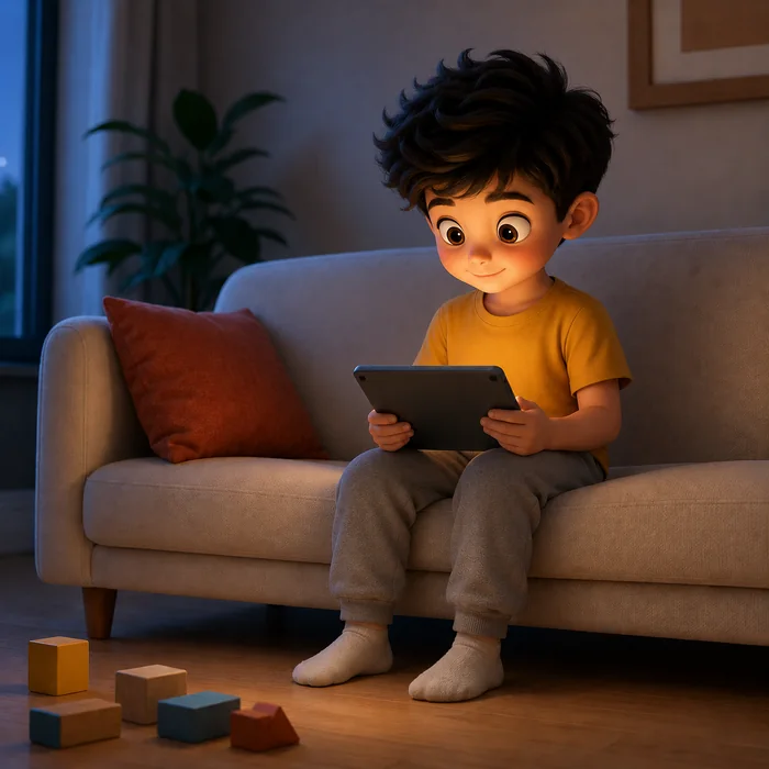 The tablet's light has softened and the child is sitting up straighter, no longer hunched over it