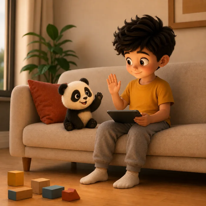 The panda sits beside the child on the sofa with a paw raised in goodbye, and the child waves back