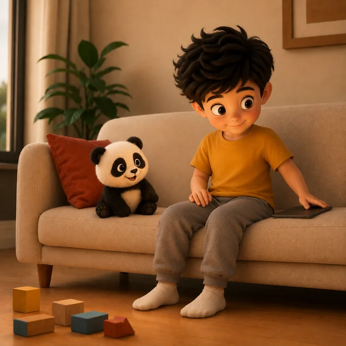 The child places the tablet face-down on the arm of the sofa and turns away from it