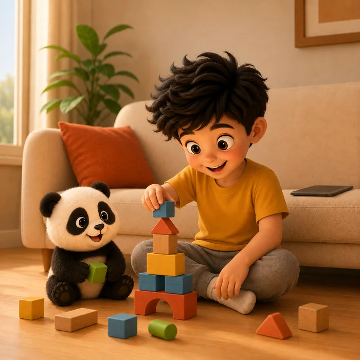 In bright daylight the child sits on the floor building a tower of wooden blocks, the panda beside them